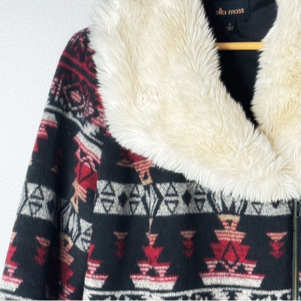 Ella Moss Anthropologie Coat Southwestern Motif Faux Fur Collar Winter Black - Picture 4 of 16
